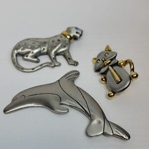 Silver Tone Dolphin, Leopard & Cat Brooch Set - Silver & Gold Accents